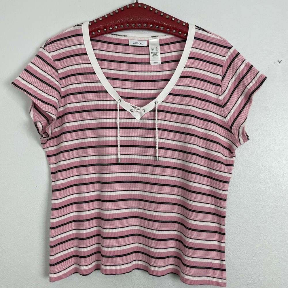 Vintage liz & co. Striped Short Sleeve Cropped Tee Ribbed Top XL